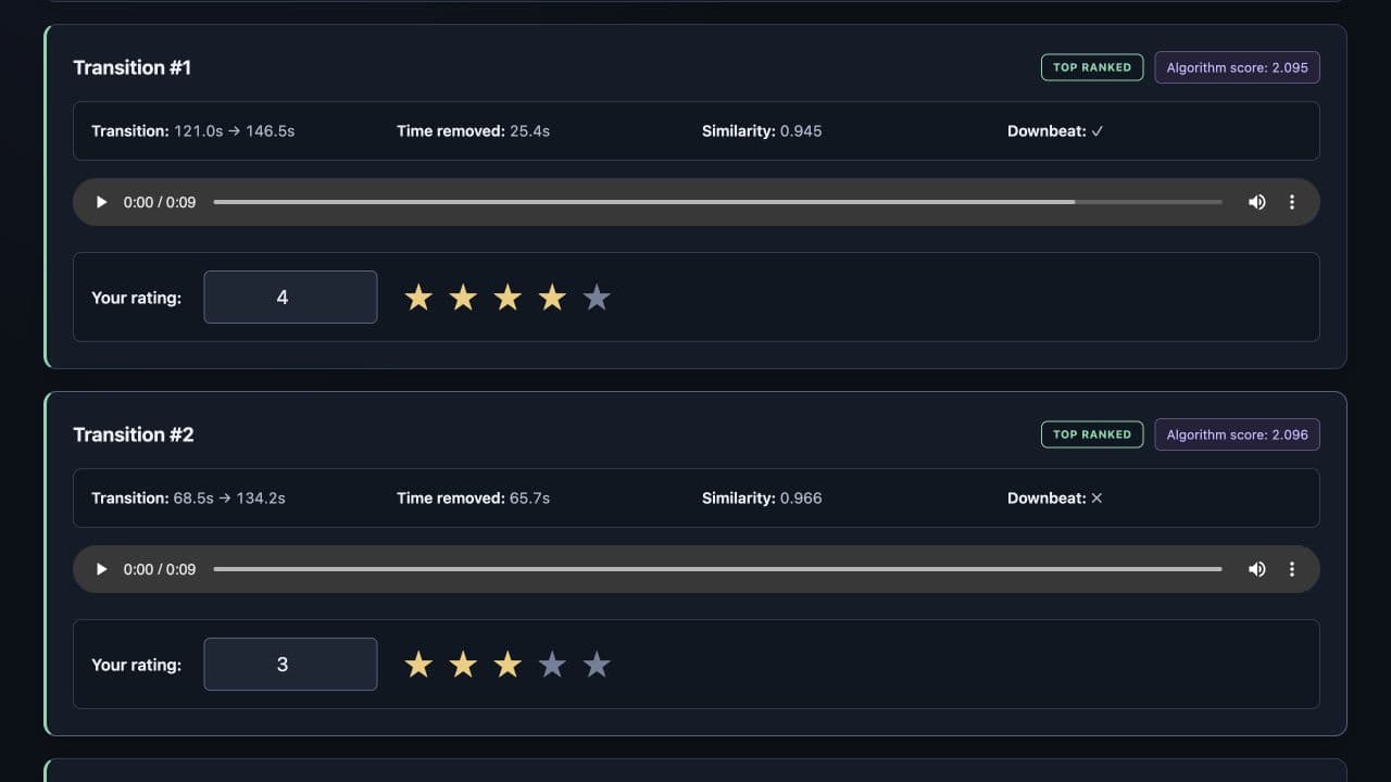 The dark annotation interface showing audio previews and saved human ratings.